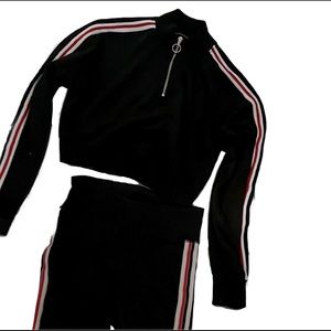 Kendall & Kylie Two-Piece Cropped Black Track/Jumpsuit White & Red Side-Stripes